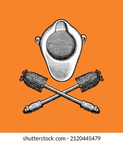 Vector sign with an ironic image of a toilet ship and crossed toilet brushes in the style of a pirate coat of arms 