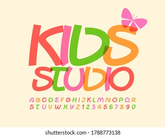 Vector sign Kids Studio with decorative Butterfly. Handwritten bright Font. Colorful Alphabet Letters and Numbers
