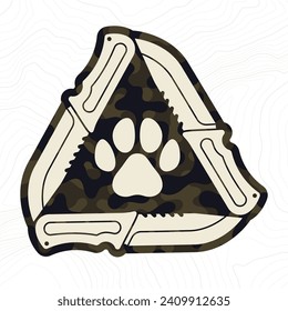 Signo vectorial de un cuchillo que forma un triángulo dentro del soldado de fondo de textura militar de camuflaje. Pista de perro. Fondo blanco con línea de contorno.