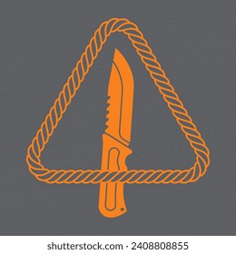 Vector sign of a knife inside a rope triangle. Blue background with contour line.