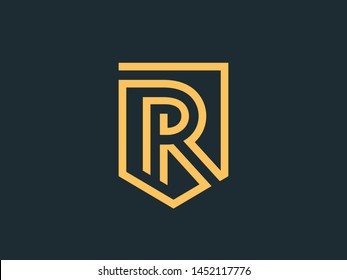 Vector sign letter R. Abstract shield in a linear style.