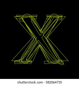 Vector sign linear fluorescent letter X,  green light on black background