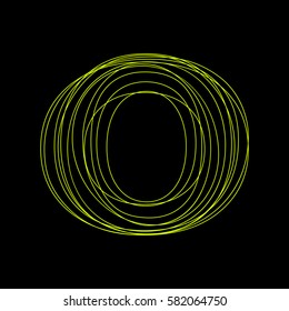 Vector sign linear fluorescent letter O,  green light on black background