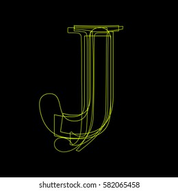 Vector sign linear fluorescent letter J,  green light on black background