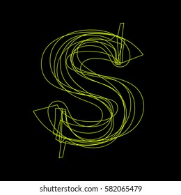 Vektorillustration-Schild, linearer Fluoreszenzbuchstabe S, grünes Licht auf schwarzem Hintergrund