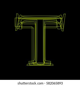 Vector sign linear fluorescent letter T,  green light on black background