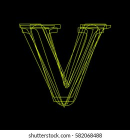 Vector sign linear fluorescent letter V,  green light on black background