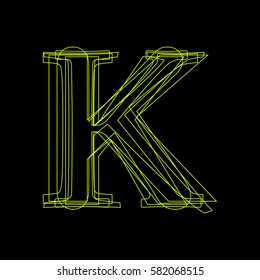 Vector sign linear fluorescent letter K, green light on black background