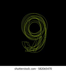 Vector sign linear fluorescent number 9,  green light on black background