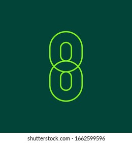 Vector sign linear number 8, green overlapping thin lines isolated on dark green background. Eight, mono line. One rounded digit. Text composition design concept. Creative outline symbol.