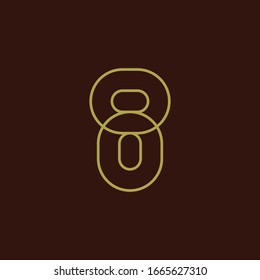 Vector sign linear number 8, golden overlapping thin lines isolated on dark brown background. One rounded digit. Eight, mono line. Text composition design concept. Creative outline symbol.