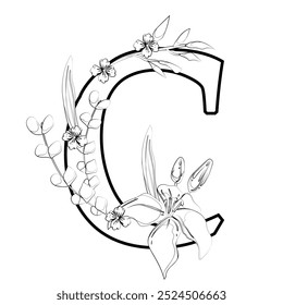 Signo de Vector y logotipo con decoraciones de flores. Logograma de caligrafía tipográfica con Formas abstractas. Diseño para tarjetas de boda, logotipo de tiendas y monograma para invitaciones.