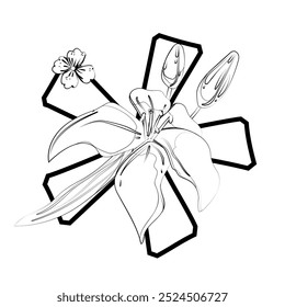 Signo de Vector y logotipo con decoraciones de flores. Logograma de caligrafía tipográfica con Formas abstractas. Diseño para tarjetas de boda, logotipo de tiendas y monograma para invitaciones.