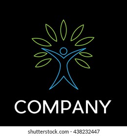 Vector sign  man immersed in nature, in linear style on black background