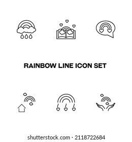 Vector sign in modern flat style. Suitable for web pages, internet shops, stores, advertisements, signboards. Line icon set with icons of rain, book, speech bubble, heart, open hands next to rainbow 