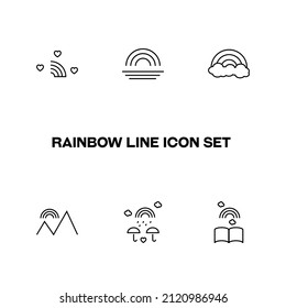 Vector sign in modern flat style. Suitable for web pages, internet shops, stores, advertisements, signboards. Line icon set with icons of heart, sea, cloud, book, mountains by rainbow 