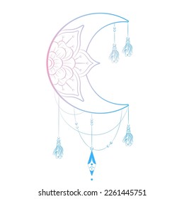 Vector sign moon with flower and tassels. Outline vector illustration with pink to blue gradient . Decorative oriental element and sign of boho style for print, tattoo, design, t-shirt