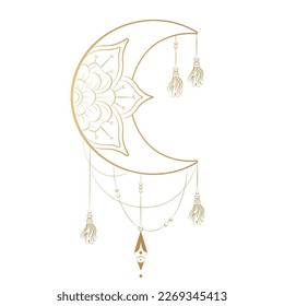 Vector sign moon with flower and tassels. Outline vector illustration with golden gradient. Decorative oriental element and sign of boho style for print, tattoo, design, t-shirt