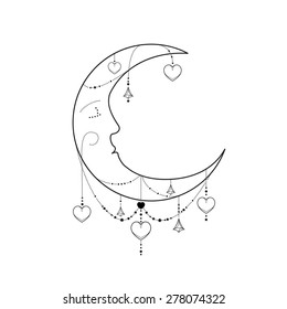 Vector sign moon with hearts and diamonds