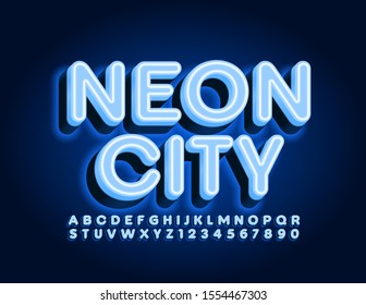 Vector sign Neon City with blue glowing Font. Electric Alphabet Letters and Numbers