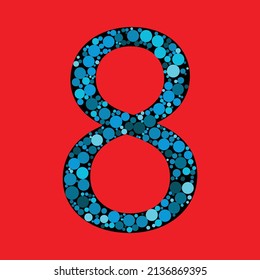 Signo vectorial número 8 en el fondo rojo. relleno de números con las formas de círculo. ilustración vectorial. Pasos 10