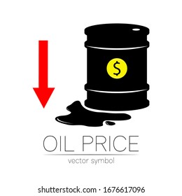 Vector sign of oil. Statistics dollar down, global financial crisis. Black symbol petroleum isolated on white background. Barrel silhouette and spot liguid. Industry of exploration, illustration.