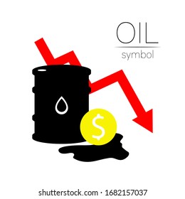 Señal vectorial de aceite. Dólar estadístico caído, crisis financiera global. Símbolo negro de petróleo aislado sobre fondo blanco. Silueta de barril y líguido de manchas. Industria de la exploración, ilustración.
