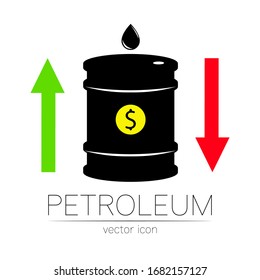 Vector sign of oil. Statistics dollar up and down, global financial crisis. Black symbol petroleum isolated on white background. Barrel silhouette and spot liguid. Industry of exploration