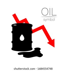 Vector sign of oil. Statistics down, global financial crisis. Black symbol petroleum isolated on white background. Barrel silhouette and spot liguid. Industry of exploration, illustration.