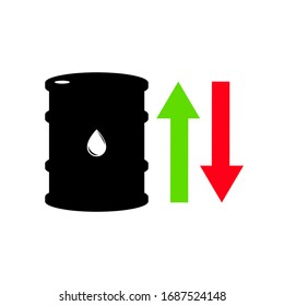 Vector sign of oil. Statistics up and down, global financial crisis. Black symbol petroleum isolated on white background. Barrel silhouette and spot liguid. Industry of exploration