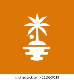 Vector sign. Palm tree on at sunset.