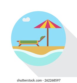 Vector sign parasol and deckchairs on the beach, flat design