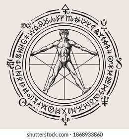 Vector Sign Pentagram With Vitruvian Man And Ancient Runes