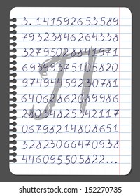 Vector sign and pi number. Hand writing letters on the notebook page