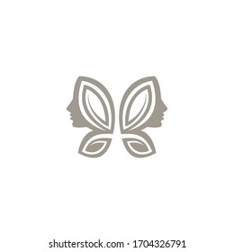 Vector sign pink butterfly with of faces of girls and leaf.