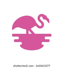 Vector sign. Pink Flamingo at sunset.