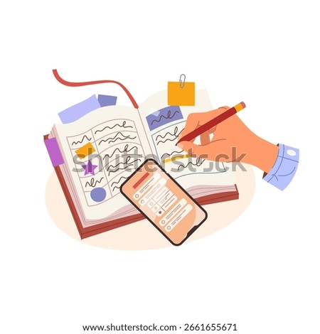 Vector sign for planning and organizing. Smartphone and notes journal, memo or diary, logbook or personal plan, handwriting todo list, schedule notes. Productivity and office strategy planner, memo.