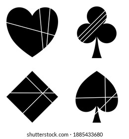 vector sign playing card spade, heart, club, and diamond with three lines crossing, flat design illustration.