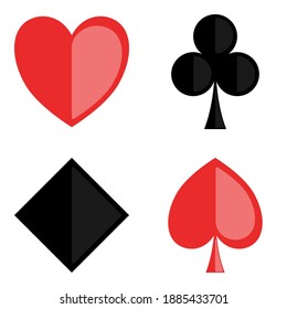vector sign playing card spade, heart, club, and diamond with another half of same color tone in symbol, flat design illustration.