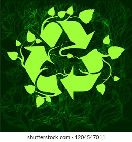 vector sign of recyclable waste on a green background with trees