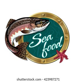 Vector sign for restaurant Seafood with pink salmon