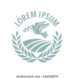 Vector sign with rural arable land in a circle of spike lets and a dove bird carrying olive branch in beak as a peace symbol. Vector logo or icon. Eps-8