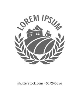Vector sign with rural house, apple tree, bush and arable land in a circle of spikelets, agrimotor and a place for inscription. Agricultural industry symbol. Eps-8