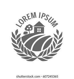 Vector sign with rural house, apple tree, bush and arable land in a circle of spikelets and a place for inscription. Agricultural industry symbol. Round colourful buttons with flat icons. Eps-8