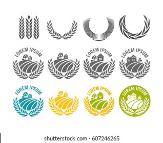Vector sign with rural house, apple tree, bush and arable land in a circle of spikelets and a place for inscription. Agricultural industry symbol. Round colourful buttons with flat icons. Eps-8