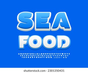 Vector sign Seafood for Restaurant, Cafe, Market. Blue and White unique Font. Abstract style Alphabet Letters and Numbers set