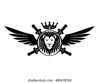 Vector sign. Shield with lion head, swords, wings and crown.