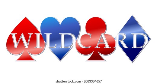 vector sign showing poker card icon with negative space saying wild card, a combination of red and blue