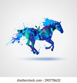 Vector sign: Silhouette of a horse, Watercolor splashes