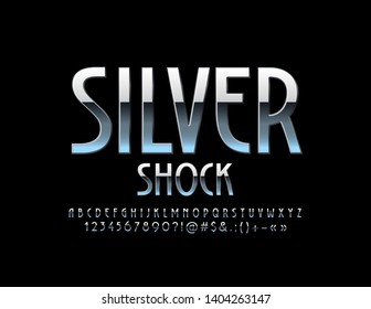 Vector sign Silver Shock with reflective Alphabet Letters, Numbers and Symbols. Metallic modern Font